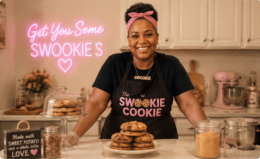 SWOOKiE baker in the kitchen with fresh cookies