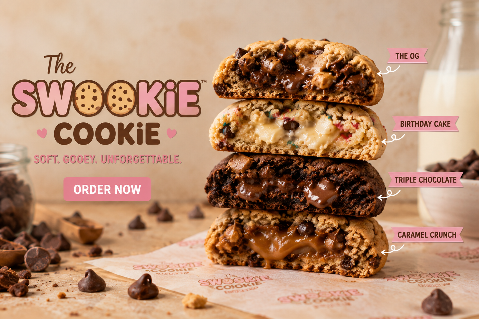 Stack of assorted SWOOKiE cookies with gooey centers